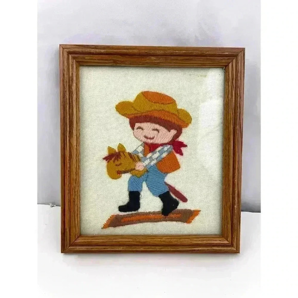 VTG 70's Little Boy Playing Crewel Embroidered Framed Wall Art 7"x 8" Western - Picture 1 of 8